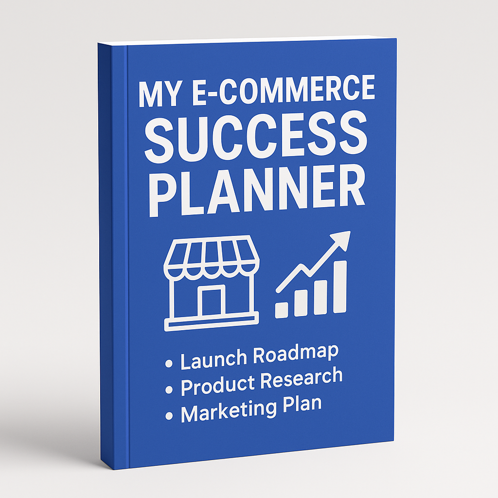 Blue book titled 'My E-Commerce Success Planner' on a light gray background